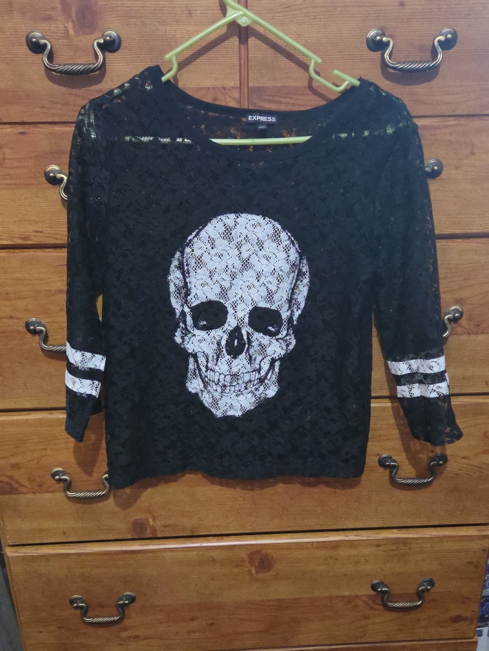 Express Black Lace Skull Graphic Long Sleeve Top